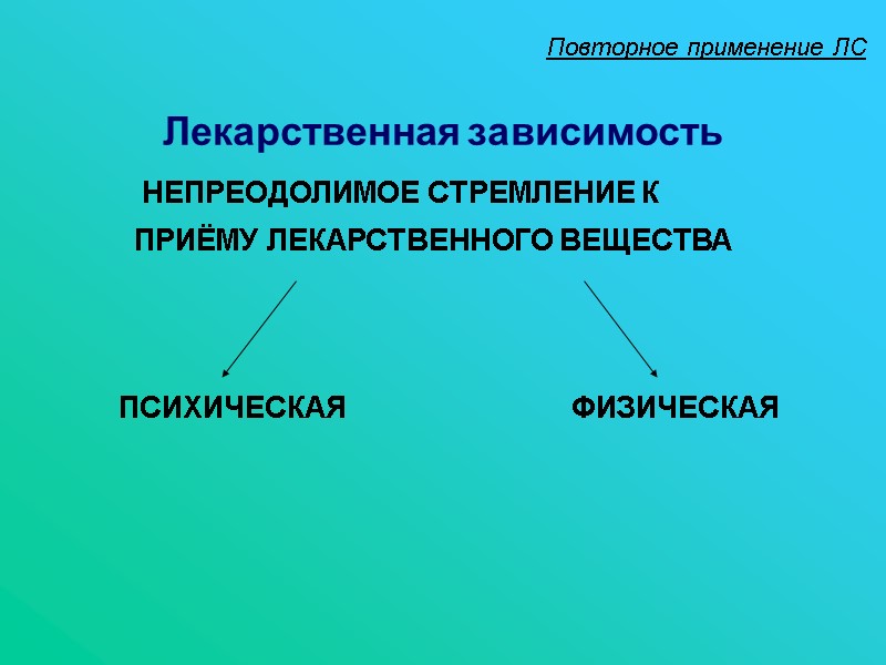 Лекарственная зависимость  Повторное применение ЛС  НЕПРЕОДОЛИМОЕ СТРЕМЛЕНИЕ К   ПРИЁМУ ЛЕКАРСТВЕННОГО